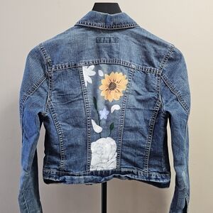 Vintage Y2K Paris Blues Denim Jacket Custom Hand-Painted Floral Sunflower Small